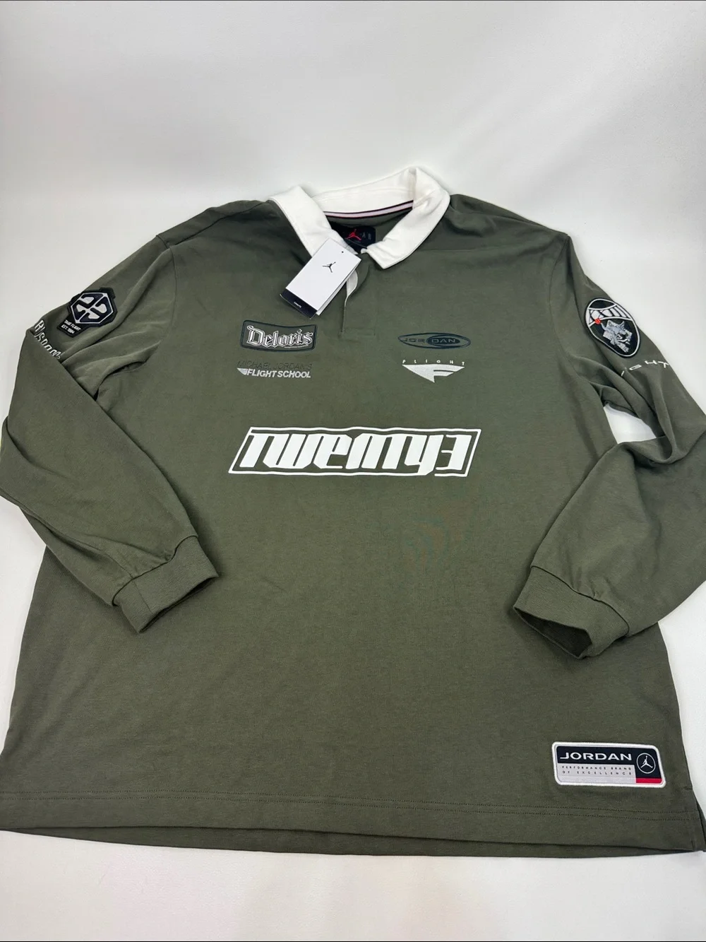 Jordan Olive Green Flight Long-Sleeve Polo Deloris Aerospace white Collar XL NEW